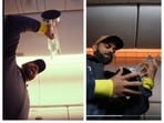 Rohit Sharma, Virat Kohli and others celebrate with the T20 World Cup trophy inside the Air India flight Rohit Sharma, Virat Kohli and others celebrate with the T20 World Cup trophy inside the Air India flight