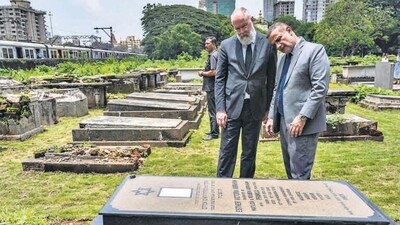 Mumbai, India - July 3, 2024: The Consulate General of Israel in Mumbai and The Consulate General of The Federal Republic of Germany in Mumbai to a ceremony to mark the restoration project of ‘The Chinchpokli Cemetery’. This ceremony marks the completion of the restoration project aimed at preserving the heritage and legacy of the European Jews who fled Europe during World War 2 & found shelter in Mumbai. This is the only Holocaust Memorial in India which has the gravesites of Holocaust refugees in Mumbai, India, on Wednesday, July 3, 2024. (Photo by Satish Bate/ Hindustan Times) (Hindustan Times) Mumbai, India - July 3, 2024: The Consulate General of Israel in Mumbai and The Consulate General of The Federal Republic of Germany in Mumbai to a ceremony to mark the restoration project of ‘The Chinchpokli Cemetery’. This ceremony marks the completion of the restoration project aimed at preserving the heritage and legacy of the European Jews who fled Europe during World War 2 & found shelter in Mumbai. This is the only Holocaust Memorial in India which has the gravesites of Holocaust refugees in Mumbai, India, on Wednesday, July 3, 2024. (Photo by Satish Bate/ Hindustan Times) (Hindustan Times)
