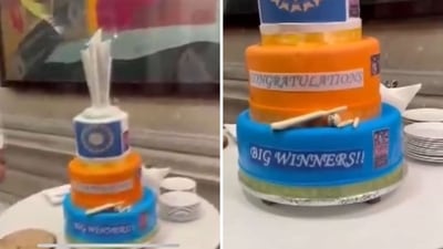 A T20 trophy cake at ITC Maurya to welcome Team India. (X/ANI) A T20 trophy cake at ITC Maurya to welcome Team India. (X/ANI)
