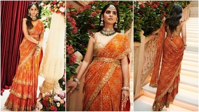 Isha Ambani stuns in traditional Bandhani saree at Anant Ambani and Radhika Merchant's pre-wedding ceremony. (Instagram/@anaitashroffadajania) Isha Ambani stuns in traditional Bandhani saree at Anant Ambani and Radhika Merchant's pre-wedding ceremony. (Instagram/@anaitashroffadajania)