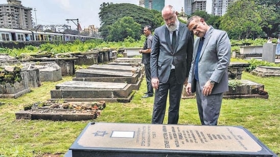 Mumbai, India - July 3, 2024: The Consulate General of Israel in Mumbai and The Consulate General of The Federal Republic of Germany in Mumbai to a ceremony to mark the restoration project of ‘The Chinchpokli Cemetery’. This ceremony marks the completion of the restoration project aimed at preserving the heritage and legacy of the European Jews who fled Europe during World War 2 & found shelter in Mumbai. This is the only Holocaust Memorial in India which has the gravesites of Holocaust refugees in Mumbai, India, on Wednesday, July 3, 2024. (Photo by Satish Bate/ Hindustan Times) (Hindustan Times)