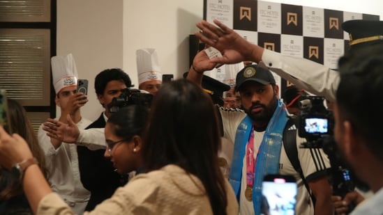 Team India led by Rohit Sharma arrived in New Delhi and received a grand welcome at ITC Maurya (Photos: Anurag Mehra/HT; Samarth Goyal/HT)