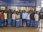 Sri Lanka, Aug 03 (ANI): The 21 Indian fishermen repatriated from Sri Lanka after being arrested for alleged cross-border fishing. (ANI Photo)