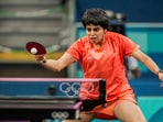 Archana Girish Kamath of India plays against Yuan Wan and Shan Xiaona of Germany in the Women's Team Quarterfinal match at the Paris 2024 Olympic Games