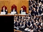 A bench comprising Chief Justice of India (CJI) DY Chandrachud, Justice JB Pardiwala and Justice Manoj Misra during hearing on a suo motu case related to the alleged sexual assault and murder of a postgraduate trainee doctor in Kolkata on August 22, 2024.