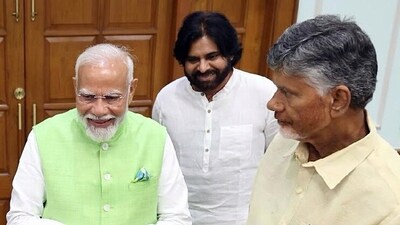 New Delhi, June 6 (ANI): Prime Minister Narendra Modi with Telugu Desam Party (TDP) Chief N Chandrababu Naidu and Jana Sena Party Chief Pawan Kalyan during the National Democratic Alliance (NDA) meeting, at his residence, 7, LKM, in New Delhi on Wednesday. (ANI Photo) (Tharun Vinny) New Delhi, June 6 (ANI): Prime Minister Narendra Modi with Telugu Desam Party (TDP) Chief N Chandrababu Naidu and Jana Sena Party Chief Pawan Kalyan during the National Democratic Alliance (NDA) meeting, at his residence, 7, LKM, in New Delhi on Wednesday. (ANI Photo) (Tharun Vinny)