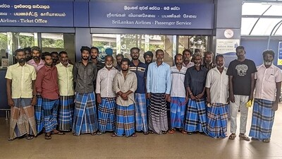Sri Lanka, Aug 03 (ANI): The 21 Indian fishermen repatriated from Sri Lanka after being arrested for alleged cross-border fishing. (ANI Photo) (ANI) Sri Lanka, Aug 03 (ANI): The 21 Indian fishermen repatriated from Sri Lanka after being arrested for alleged cross-border fishing. (ANI Photo) (ANI)
