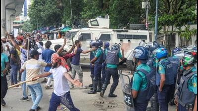 Anti-riot police deployed during the first day of the non-cooperation movement at Dhaka University campus in Dhaka, Bangladesh, on August 4. (PTI)