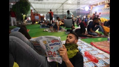 Candidates at a temporary shelter built outside Charbagh station in Lucknow (Deepak Gupta/HT) Candidates at a temporary shelter built outside Charbagh station in Lucknow (Deepak Gupta/HT)