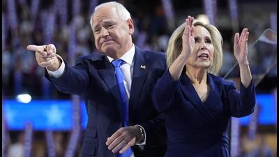 Democratic vice-presidential nominee Minnesota Governor Tim Walz and wife Gwen react during the Democratic National Convention in Chicago, on Wednesday. (AP) Democratic vice-presidential nominee Minnesota Governor Tim Walz and wife Gwen react during the Democratic National Convention in Chicago, on Wednesday. (AP)