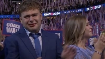 Not just Walz's son, his wife Gwen and daughter Hope were visibly emotional as Gus shouted in joy with his tears in his eyes, "That's my dad!" Not just Walz's son, his wife Gwen and daughter Hope were visibly emotional as Gus shouted in joy with his tears in his eyes, "That's my dad!"