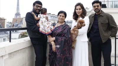 Chiranjeevi, Klin Kaara, Surekha, Upasana Konidela and Ram Charan in Paris. Chiranjeevi, Klin Kaara, Surekha, Upasana Konidela and Ram Charan in Paris.