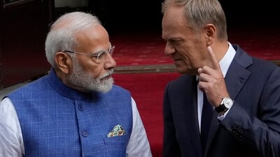 Indian Prime Minister Narendra Modi, left, is greeted by his Polish counterpart Donald Tusk, right, before talks in Warsaw, Poland, Thursday, Aug. 22, 2024. (AP Photo/Czarek Sokolowski) (AP) Indian Prime Minister Narendra Modi, left, is greeted by his Polish counterpart Donald Tusk, right, before talks in Warsaw, Poland, Thursday, Aug. 22, 2024. (AP Photo/Czarek Sokolowski) (AP)