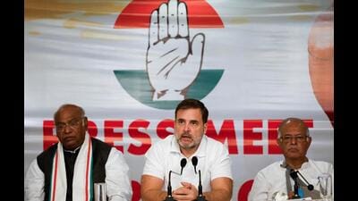 Rahul Gandhi addresses the media in Srinagar along with Congress president Mallikarjun Kharge (left) on Thursday. (Reuters Photo) Rahul Gandhi addresses the media in Srinagar along with Congress president Mallikarjun Kharge (left) on Thursday. (Reuters Photo)