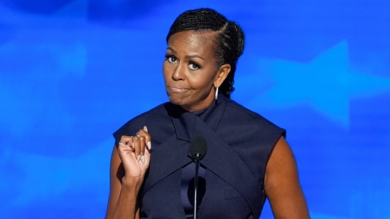 Former first lady Michelle Obama speaking during the Democratic National Convention Tuesday, Aug. 20, 2024, in Chicago. (AP Photo/J. Scott Applewhite) (AP)