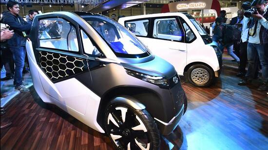 Mahindra & Mahindra's electric vehicles on display at the company's stall at Auto Expo in Greater Noida. (PTI/representational image)