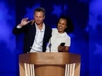 Actors Tony Goldwyn and Kerry Washington speak on stage during the final day of the Democratic National Convention at the United Center on August 22, 2024 in Chicago, Illinois. Delegates, politicians, and Democratic Party supporters gathered in Chicago, as current Vice President Kamala Harris was named her party's presidential nominee. (AFP)