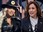 This combination photo shows Beyonce at the iHeartRadio Music Awards in Los Angeles on April 1, 2024, left, and Vice President Kamala Harris speaking from the South Lawn of the White House in Washington on July 22, 2024.