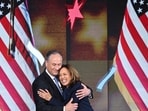 At DNC, Kamala Harris hugs Second Gentleman Douglas Emhoff after speaking on the fourth and last day of the event at the United Center in Chicago, Illinois, on August 22, 2024. At DNC, Kamala Harris hugs Second Gentleman Douglas Emhoff after speaking on the fourth and last day of the event at the United Center in Chicago, Illinois, on August 22, 2024.