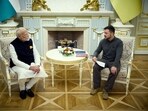 Ukraine's President Volodymyr Zelensky (R) meets with Indian Prime Minister Narendra Modi in Kyiv, amid the Russian invasion of Ukraine. (AFP) Ukraine's President Volodymyr Zelensky (R) meets with Indian Prime Minister Narendra Modi in Kyiv, amid the Russian invasion of Ukraine. (AFP)
