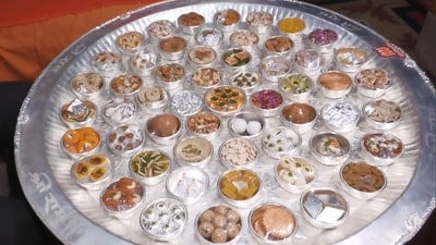 Chappan Bhog, which is a Hindi translation of the number 56 followed by ‘bhog’ which is food is representative of a devoted offering that is made towards a deity, most commonly to Lord Krishna during Janmashtami. Chappan Bhog, which is a Hindi translation of the number 56 followed by ‘bhog’ which is food is representative of a devoted offering that is made towards a deity, most commonly to Lord Krishna during Janmashtami.