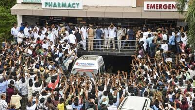 Former Andhra Pradesh chief minister and YSR Congress Party chief YS Jagan Mohan Reddy greets supporters during his visit to meet victims of the pharma unit fire accident at a hospital, in Anakapalli district. (PTI) Former Andhra Pradesh chief minister and YSR Congress Party chief YS Jagan Mohan Reddy greets supporters during his visit to meet victims of the pharma unit fire accident at a hospital, in Anakapalli district. (PTI)