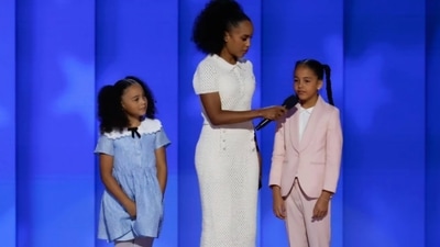 Kamala Harris' grandnieces, who were introduced by actor Kerry Washington, offered to teach the DNC audience how to pronounce the US Vice President's name, (X) Kamala Harris' grandnieces, who were introduced by actor Kerry Washington, offered to teach the DNC audience how to pronounce the US Vice President's name, (X)
