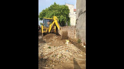 MC demolishes encroachment on government lands in Barewal and Haibowal area in Ludhiana on Friday, August 23, 2024. (HT Photo)