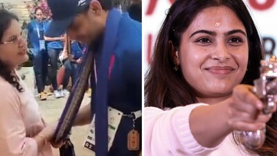 A viral video showed Manu Bhaker's mother chatting with Neeraj Chopra. A viral video showed Manu Bhaker's mother chatting with Neeraj Chopra.