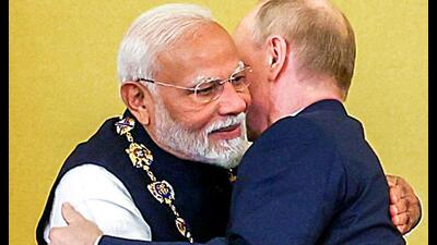Moscow, Jul 10 (ANI): Prime Minister Narendra Modi embraces Russian President Vladimir Putin after receiving the Order of St Andrew the Apostle the First-Called, Russia's highest civilian honour, at St Catherine's Hall, in Moscow on Tuesday. (ANI Photo) (ANI) Moscow, Jul 10 (ANI): Prime Minister Narendra Modi embraces Russian President Vladimir Putin after receiving the Order of St Andrew the Apostle the First-Called, Russia's highest civilian honour, at St Catherine's Hall, in Moscow on Tuesday. (ANI Photo) (ANI)