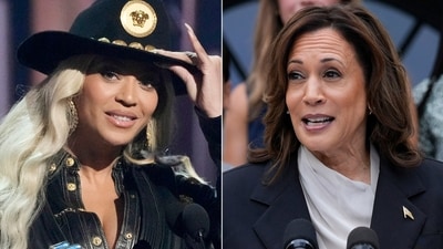 This combination photo shows Beyonce at the iHeartRadio Music Awards in Los Angeles on April 1, 2024, left, and Vice President Kamala Harris speaking from the South Lawn of the White House in Washington on July 22, 2024. (AP)