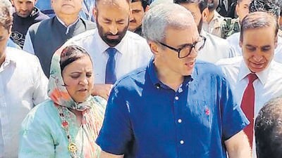 NC vice-president Omar Abdullah accompanying the party’s Damhal-Hanjipora candidate Sakina Itoo for filing of nomination papers. (Source: X) NC vice-president Omar Abdullah accompanying the party’s Damhal-Hanjipora candidate Sakina Itoo for filing of nomination papers. (Source: X)
