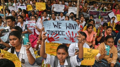 Doctors and nursing staff participate in a huge mass rally near RG Kar Medical College and Hospital protesting against rape and murder of a trainee doctor in Kolkata. (File) (PTI) Doctors and nursing staff participate in a huge mass rally near RG Kar Medical College and Hospital protesting against rape and murder of a trainee doctor in Kolkata. (File) (PTI)