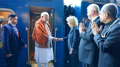 Prime Minister Narendra Modi being welcomed upon his arrival at the railway station in Kyiv on Friday. (PTI) Prime Minister Narendra Modi being welcomed upon his arrival at the railway station in Kyiv on Friday. (PTI)