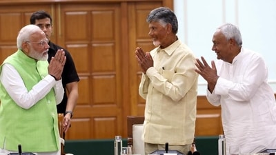 Prime Minister Narendra Modi (left) with TDP chief N Chandrababu Naidu (centre) and JD(U) chief Nitish Kumar during National Democratic Alliance (NDA) meeting at PM's residence in New Delhi on June 5. (PTI) Prime Minister Narendra Modi (left) with TDP chief N Chandrababu Naidu (centre) and JD(U) chief Nitish Kumar during National Democratic Alliance (NDA) meeting at PM's residence in New Delhi on June 5. (PTI)