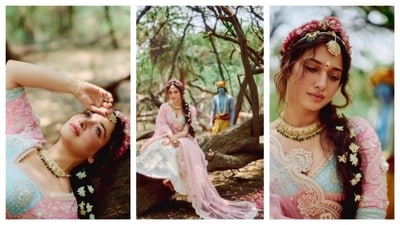 Tamannaah Bhatia channeled Radha Rani energy for Torani's new fashion campaign. Dressed in a pastel lehenga of soft pink and cyan, with flowers adorning in her hair, Tamannaah embodied the purity of divine Radha Rani. She wore a choker necklace, and strands of hair were left loose for a more demure, soft feminine look. (Instagram/@tamannaahspeaks) Tamannaah Bhatia channeled Radha Rani energy for Torani's new fashion campaign. Dressed in a pastel lehenga of soft pink and cyan, with flowers adorning in her hair, Tamannaah embodied the purity of divine Radha Rani. She wore a choker necklace, and strands of hair were left loose for a more demure, soft feminine look. (Instagram/@tamannaahspeaks)