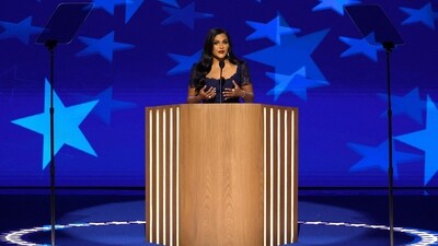 Mindy Kaling speaks on stage during the third day of the Democratic National Convention at the United Center on August 21, 2024. (AFP) Mindy Kaling speaks on stage during the third day of the Democratic National Convention at the United Center on August 21, 2024. (AFP)