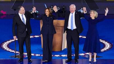US Second Gentleman Doug Emhoff (from left), US Vice-President Kamala Harris, Tim Walz, governor of Minnesota and Democratic vice-presidential nominee, and his wife Gwen Walz in Chicago, Illinois, US, on Thursday. (Bloomberg) US Second Gentleman Doug Emhoff (from left), US Vice-President Kamala Harris, Tim Walz, governor of Minnesota and Democratic vice-presidential nominee, and his wife Gwen Walz in Chicago, Illinois, US, on Thursday. (Bloomberg)
