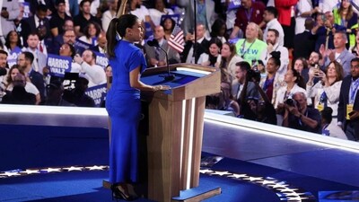 Actor Eva Longoria speaks at Day 4 of the Democratic National Convention (DNC) at the United Center in Chicago, Illinois on August 22, 2024. (REUTERS) 