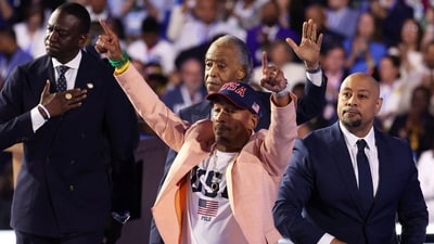 Korey Wise, a member of the Central Park Five, Black men who were exonerated after being wrongly convicted of rape as teenagers and incarcerated for years, gestures from the stage on Day 4 of the Democratic National Convention (DNC) at the United Center in Chicago, Illinois, U.S., August 22, 2024. (REUTERS)
