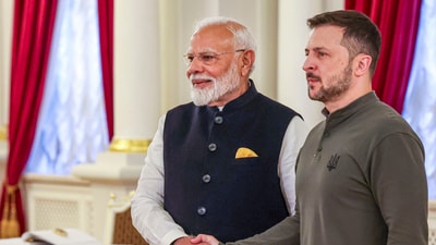 Prime Minister Narendra Modi with Ukrainian President Volodymyr Zelenskyy during a meeting, at Mariinskyi Palace in Kyiv, Ukraine. (PTI) Prime Minister Narendra Modi with Ukrainian President Volodymyr Zelenskyy during a meeting, at Mariinskyi Palace in Kyiv, Ukraine. (PTI)