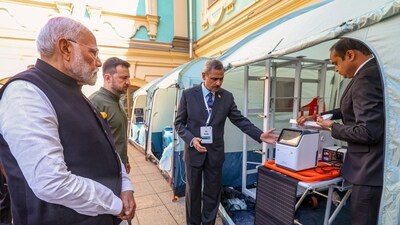 Prime Minister Narendra Modi with Ukrainian President Volodymyr Zelenskyy during presentation of BHISHM cube to Ukraine, in Kyiv, Friday, Aug. 23, 2024. (PTI) Prime Minister Narendra Modi with Ukrainian President Volodymyr Zelenskyy during presentation of BHISHM cube to Ukraine, in Kyiv, Friday, Aug. 23, 2024. (PTI)