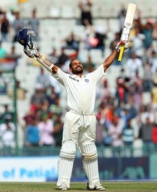 The first of Shikhar Dhawan's many such hundred celebrations in Mohali, 2013. (BCCI) The first of Shikhar Dhawan's many such hundred celebrations in Mohali, 2013. (BCCI)