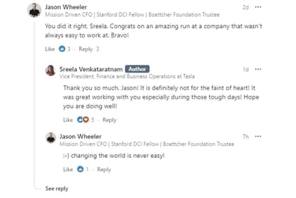 Jason Wheeler, Tesla's former CFO, responds to Sreela Venkataratnam's post. Jason Wheeler, Tesla's former CFO, responds to Sreela Venkataratnam's post.