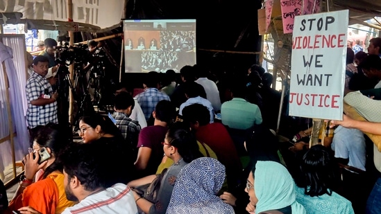 Resident doctors of RG Kar Medical College and Hospital at the protest site in Kolkata on August 22. Resident doctors of RG Kar Medical College and Hospital at the protest site in Kolkata on August 22.
