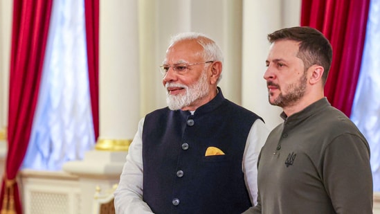 Prime Minister Narendra Modi with Ukrainian President Volodymyr Zelenskyy during a meeting, at Mariinskyi Palace in Kyiv, Ukraine. (PTI)