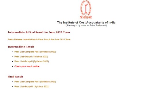 ICMAI CMA Result June 2024 out for Inter & Final courses, direct link to check