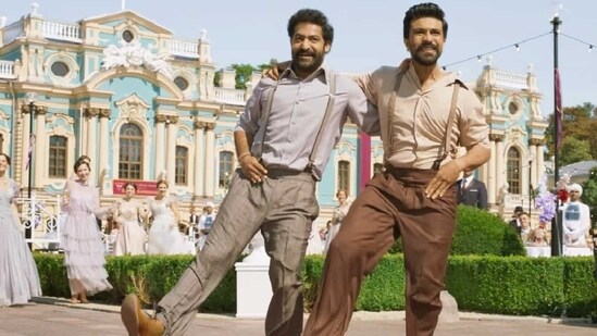 A still of Jr NTR and Ram Charan from the Oscar-winning song Naatu Naatu