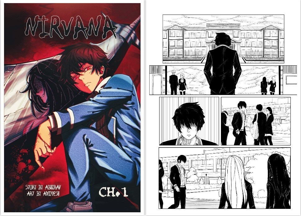 Nirvana Chapter 1 (2023) is an Indian manga comic by twin brothers Abhishek Verma and Gaurav Verma, 18. Nirvana Chapter 1 (2023) is an Indian manga comic by twin brothers Abhishek Verma and Gaurav Verma, 18.