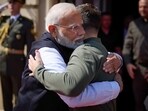 Prime Minister Narendra Modi greets Ukrainian President Volodymyr Zelensky in Kyiv on August 23, 2024. (Ukrainian Presidential Press Office via AP)
